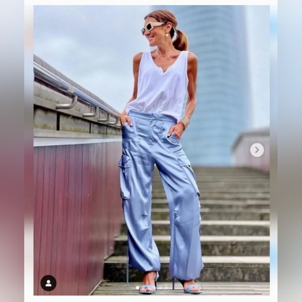 Zara Satin Effect Parachute Pants, Color: Ice Blue, Size: L, NWT